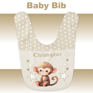 Cute monkey polka dots stars add name brown baby bib