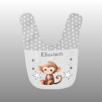 Cute Monkey Polka Dots Stars Add Name Grey Baby Bib by LynnroseDesigns at Zazzle