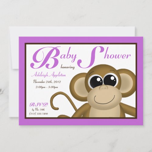 Cute Monkey Purple Baby Shower Invitations