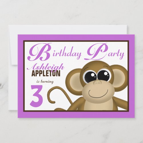Cute Monkey Purple Birthday Party Invitations