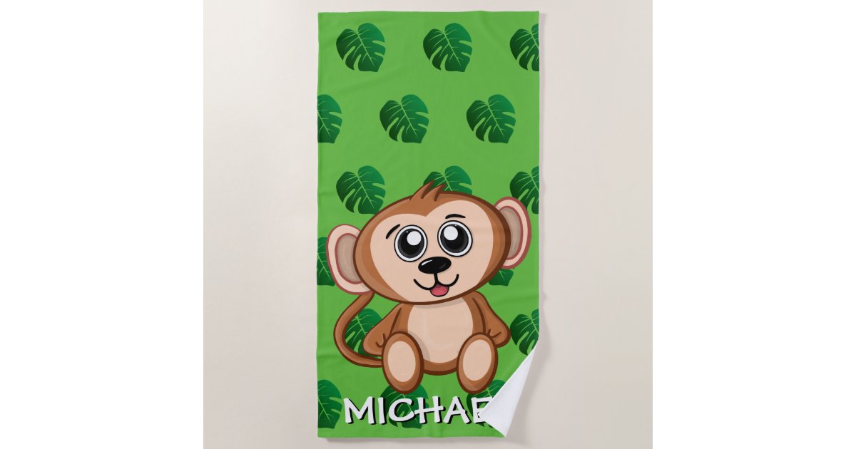 Cute Monkey Safari Green Cartoon Jungle Name Beach Towel | Zazzle