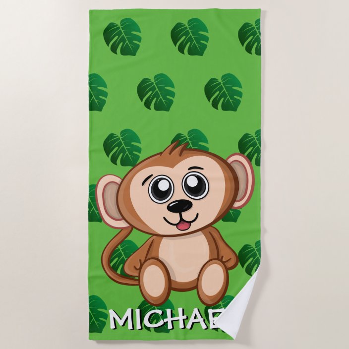 Cute Monkey Safari Green Cartoon Jungle Name Beach Towel