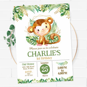 Cute Monkey Safari Jungle Party 1st Birthday  Invitation