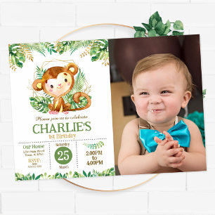 Cute Monkey Safari Jungle Party 1st Birthday Photo Invitation