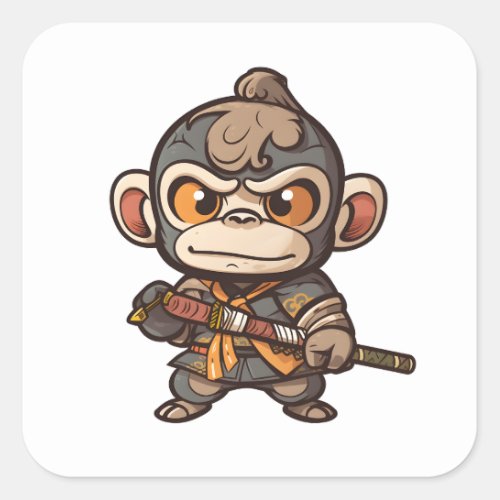 Cute Monkey Samurai Eye_catching Adorable Monkey Square Sticker