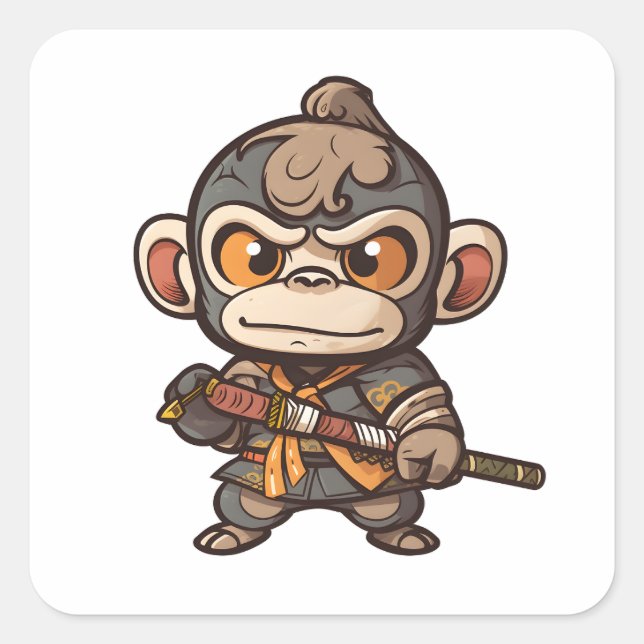 Cute Monkey Samurai Eye-catching Adorable Monkey Square Sticker (Front)