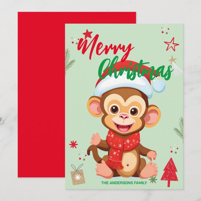 Cute monkey santa Christmas Holiday Family name ki Card (Front/Back)