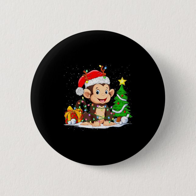 Cute Monkey Santa Christmas Tree Lights Xmas Pajam Button (Front)