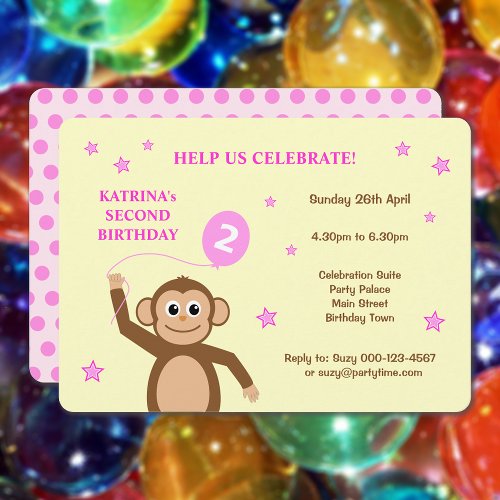 Cute monkey second birthday party invitation