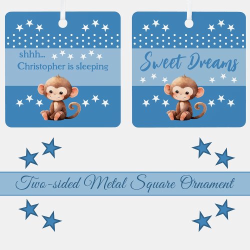 Cute monkey shhh add name is sleeping blue metal ornament