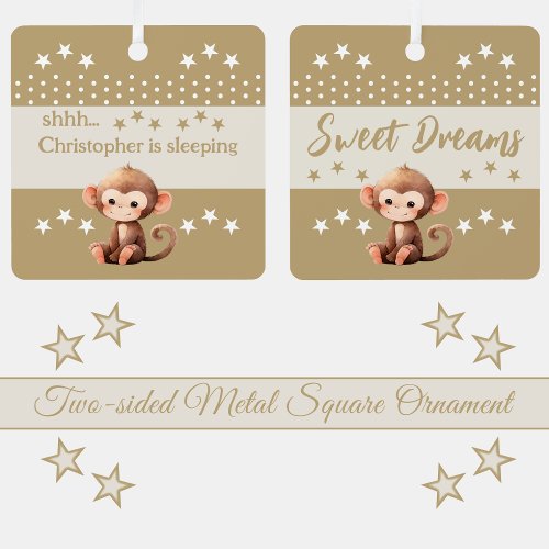 Cute monkey shhh add name is sleeping brown metal ornament