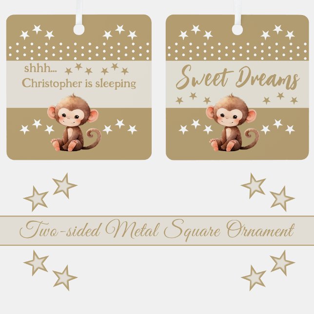 Cute monkey shhh add name is sleeping brown metal ornament (Creator Uploaded)
