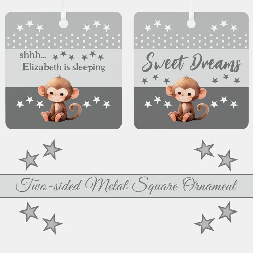 Cute monkey shhh add name is sleeping grey metal ornament