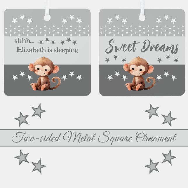 Cute monkey shhh add name is sleeping grey metal ornament (Creator Uploaded)