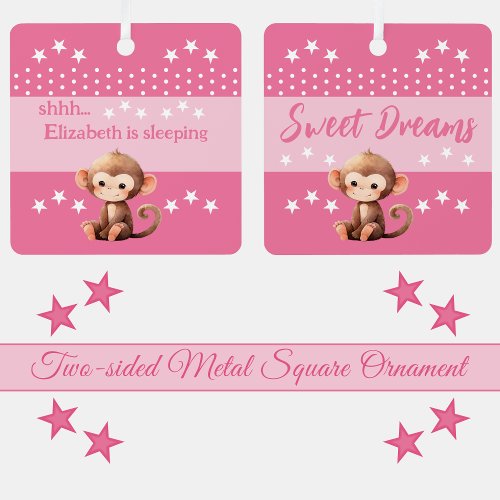 Cute monkey shhh add name is sleeping pink metal ornament