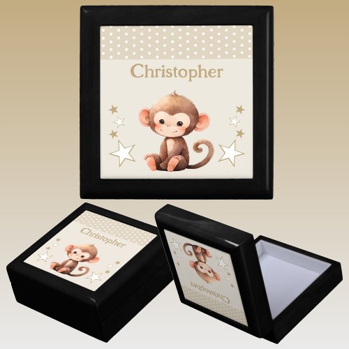 Cute monkey stars add name brown keepsake gift box