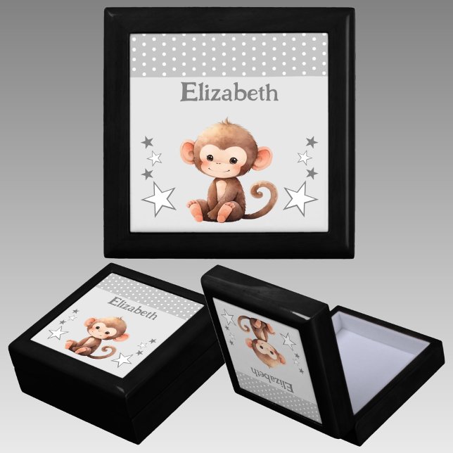 Cute monkey stars add name grey keepsake gift box (Creator Uploaded)