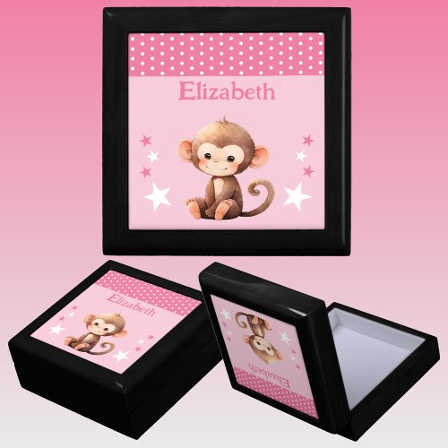 Cute monkey stars add name pink keepsake gift box