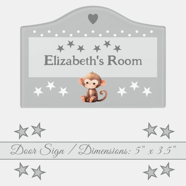 Cute monkey stars baby's room add name grey door sign (Creator Uploaded)