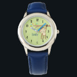 Cute Monkey Swinging From a Branch Personalized Watch<br><div class="desc">A personalized watch with a cute brown monkey swinging from a tree branch. The clock face has whimsical numbers. The background is an olive green color.</div>