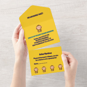 Cute Monkey Theme Boy Baby Shower All In One Invitation
