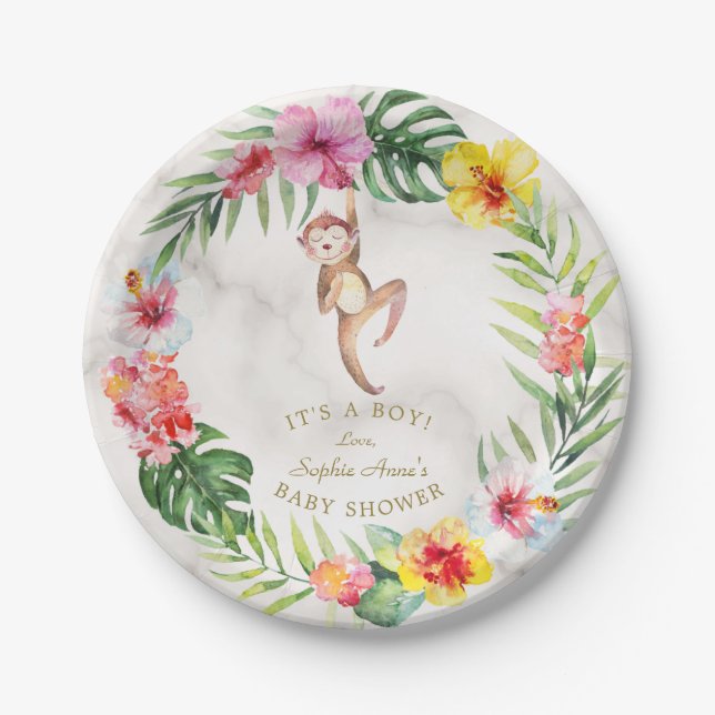 Cute Monkey Tropical Floral Girl Baby Shower Paper Plates (Front)