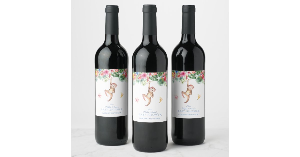 Cute Monkey Tropical Flowers Bouquet Baby Shower Wine Label