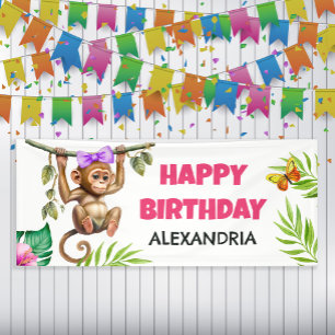 Cute Monkey Tropical Jungle Child's Happy Birthday Banner