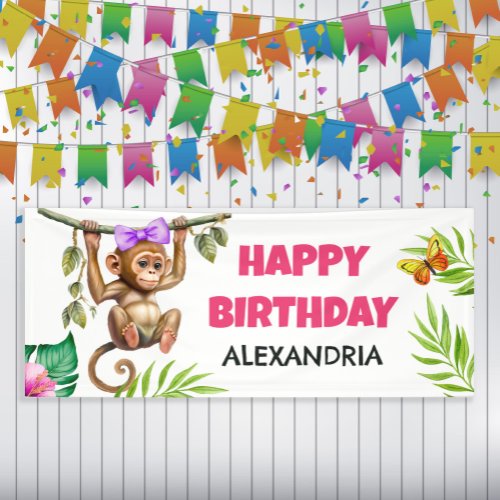 Cute Monkey Tropical Jungle Childs Happy Birthday Banner