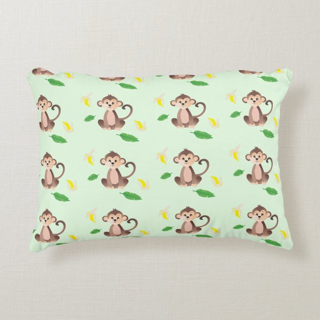 Cute Monkey With Banana Peels Tropical Leaf Accent Pillow (Front)