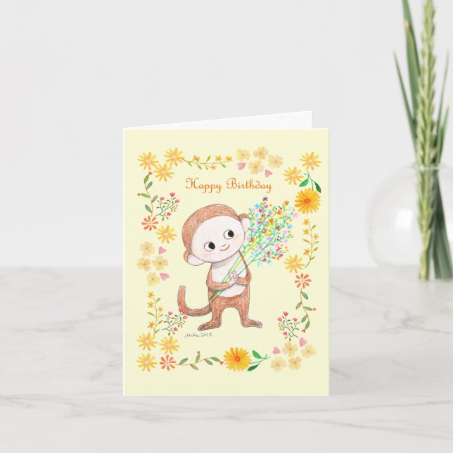 Cute Monkey with flowers Adorable Happy Birthday Card (Front)