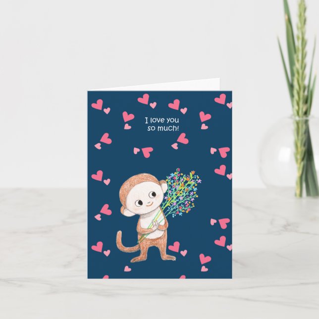 Cute Monkey with flowers I love you Anniversary Card (Front)