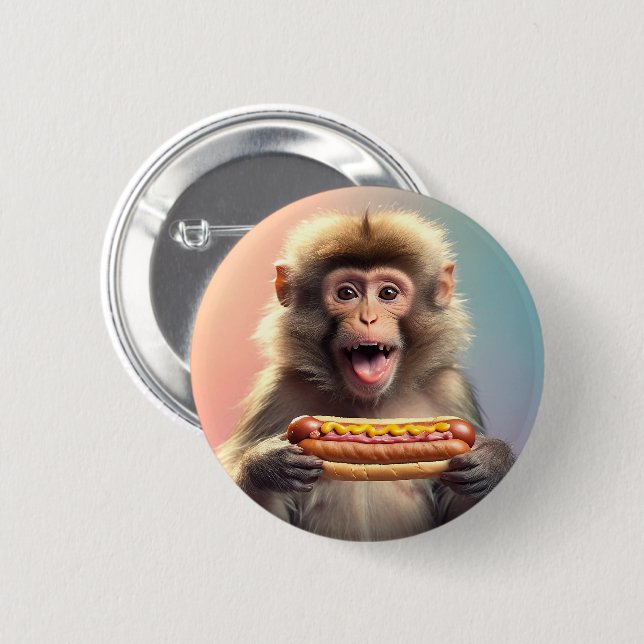 Cute Monkey With Hotdog  Button (Front & Back)