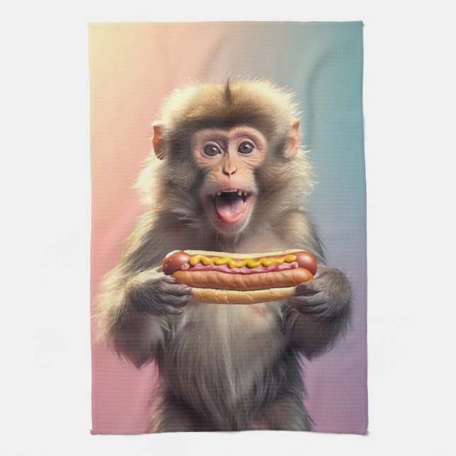 Cute Monkey With Hotdog  Kitchen Towel (Vertical)