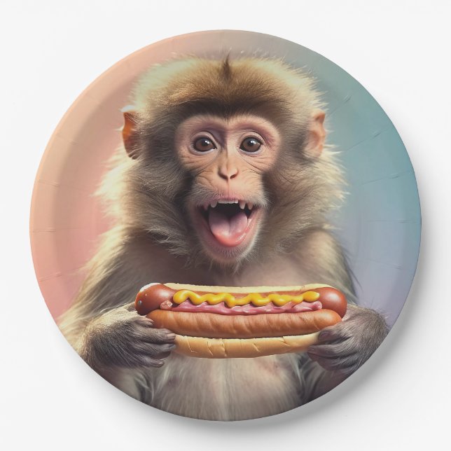 Cute Monkey With Hotdog  Paper Plates (Front)