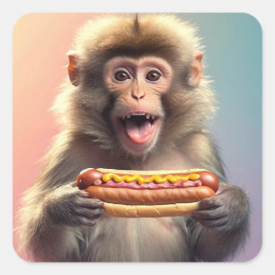 Cute Monkey With Hotdog Square Sticker
