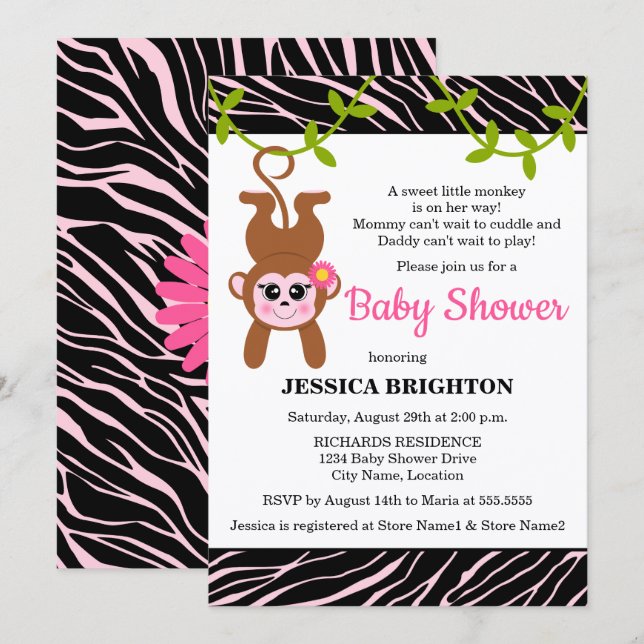 Cute Monkey Zebra Stripes Baby Shower Invitation (Front/Back)