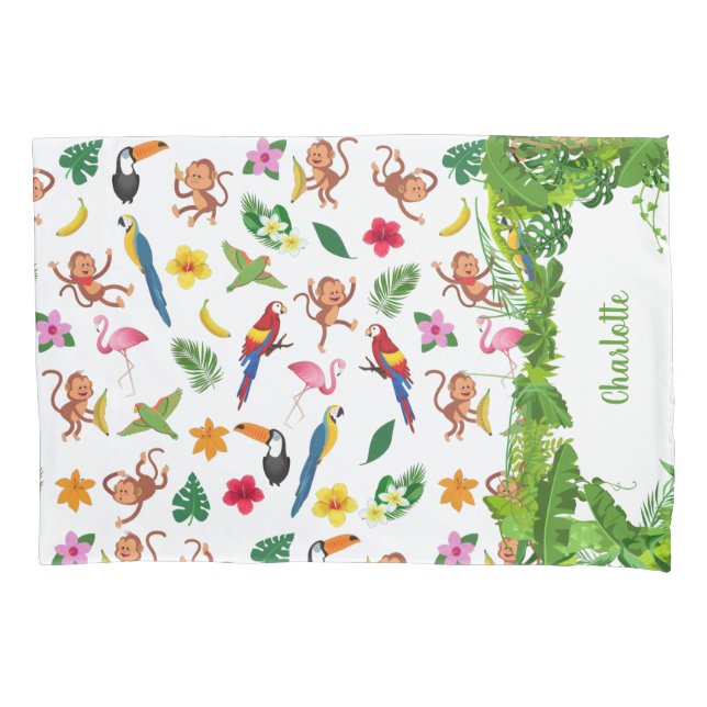 Cute Monkeys and Bananas in Jungle Pattern Pillow Case (Front)