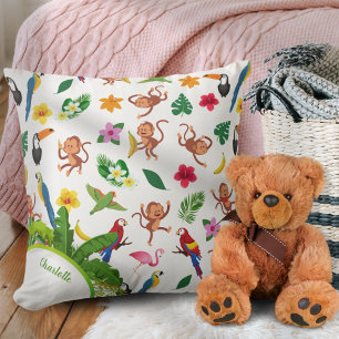 Cute Monkeys and Bananas in Jungle Pattern Throw Pillow