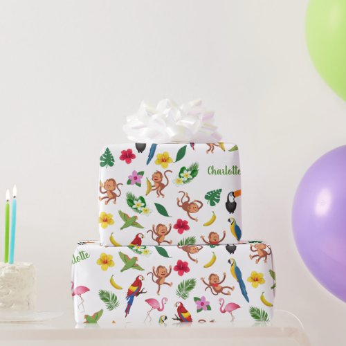 Cute Monkeys and Bananas in Jungle Pattern Wrapping Paper