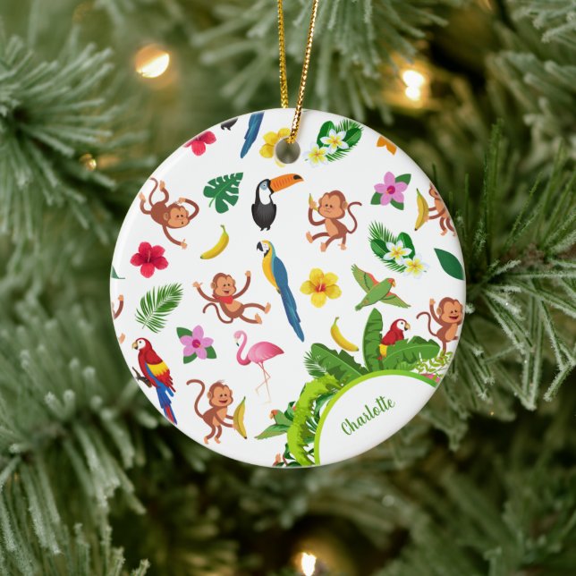 Cute Monkeys and Bananas Jungle Pattern Christmas Ceramic Ornament (Tree)