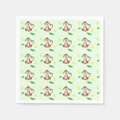 Cute Monkeys Banana Peels Green Napkins