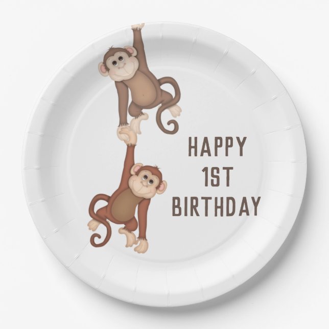 Cute Monkeys Birthday On White Paper Plates (Front)