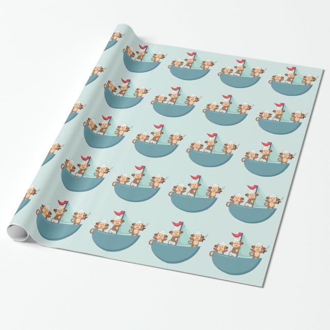 Cute Monkeys in Pirate Ship Wrapping Paper (Unrolled)