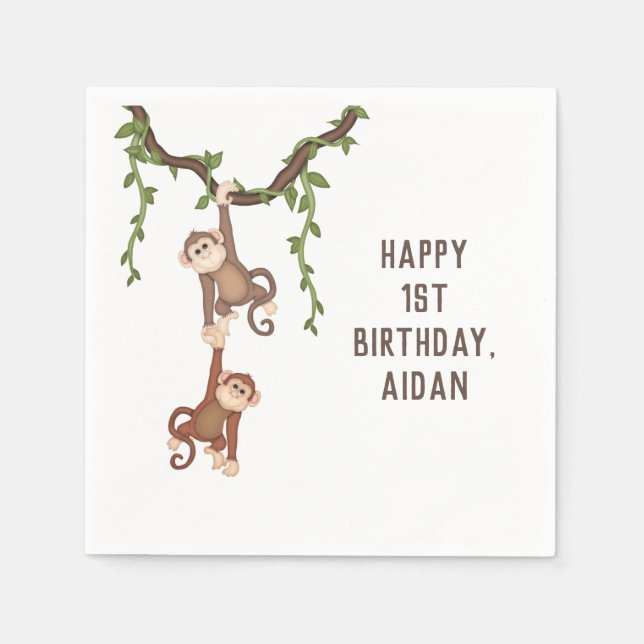 Cute Monkeys Kid's 1st Birthday Napkins (Front)