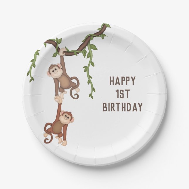 Cute Monkeys Kid's 1st Birthday  Paper Plates (Front)