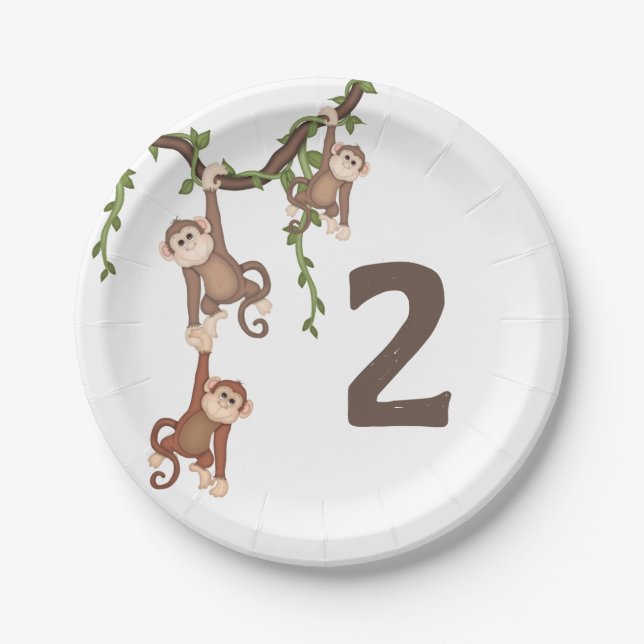 Cute Monkeys Kid's 2nd Birthday  Paper Plate (Front)