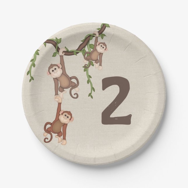 Cute Monkeys Kid's 2nd Birthday Paper Plates (Front)