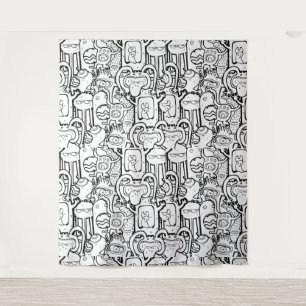 Cute Monochrome Doodle Monster Pattern Tapestry