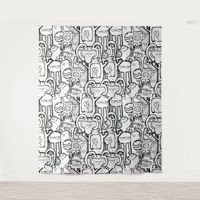 Cute Monochrome Doodle Monster Pattern  Tapestry (Front)